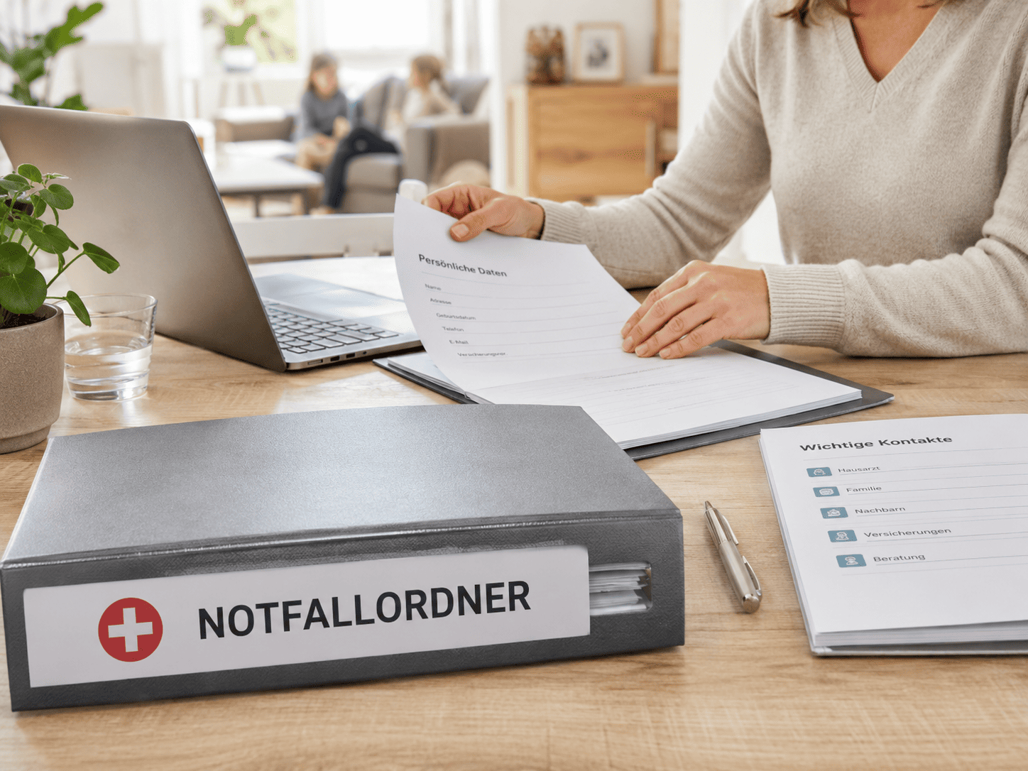 Geordnete Dokumente und Notfallordner auf einem Tisch